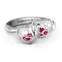 Double Heart Cage Ring with 1-6 Heart Shaped Birthstones in 925 Sterling Silver with Ruby