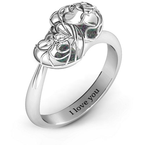 Double Heart Cage Ring with 1-6 Heart Shaped Birthstones – Sterling Silver with Alexandrite