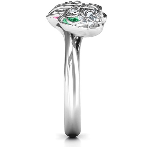 Double Heart Cage Ring with 1-6 Heart Shaped Birthstones – Sterling Silver with Pink Tourmaline, Emerald, and Cubic Zirconia