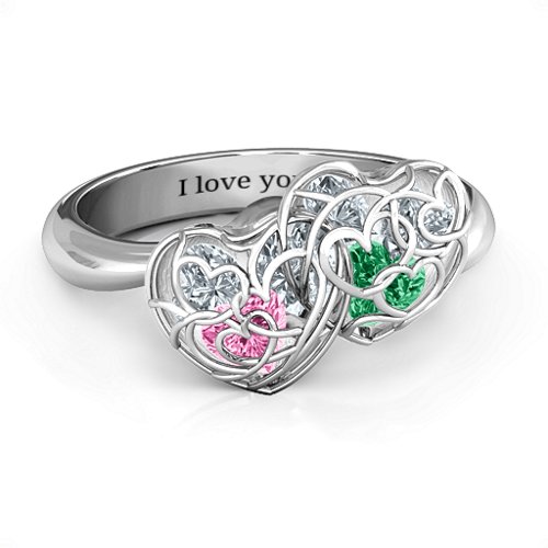 Double Heart Cage Ring with 1-6 Heart Shaped Birthstones – Sterling Silver with Pink Tourmaline, Emerald, and Cubic Zirconia