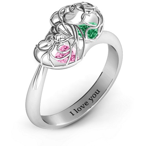 Double Heart Cage Ring with 1-6 Heart Shaped Birthstones – 10K White Gold with Pink Tourmaline and Emerald