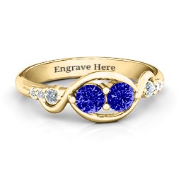 Classic Curves Two-Stone Ring in 14K Solid Yellow Gold with Blue Sapphire, Cubic Zirconia, and White Premium Zirconia