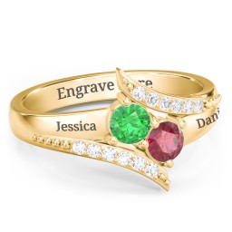 Flared Bypass Ring with Round Gemstones and Accents in 10K Solid Yellow Gold with Emerald, Ruby, and White Premium Zirconia