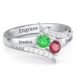 Flared Bypass Ring with Round Gemstones and Accents in 925 Sterling Silver with Emerald, Ruby, and White Premium Zirconia