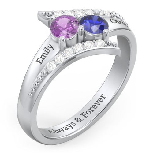 Flared Bypass Ring with Round Gemstones and Accents – Sterling Silver with Amethyst, Blue Sapphire, and White Premium Zirconia