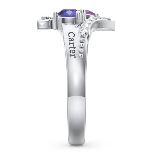 Flared Bypass Ring with Round Gemstones and Accents – Sterling Silver with Amethyst, Blue Sapphire, and White Premium Zirconia