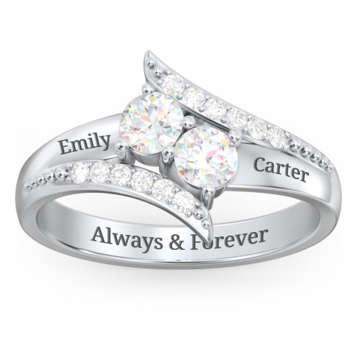 Flared Bypass Ring with Round Gemstones and Accents – Sterling Silver with White Sapphire and White Premium Zirconia