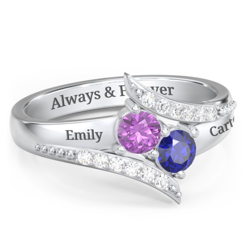Flared Bypass Ring with Round Gemstones and Accents – Sterling Silver with Amethyst, Blue Sapphire, and White Premium Zirconia