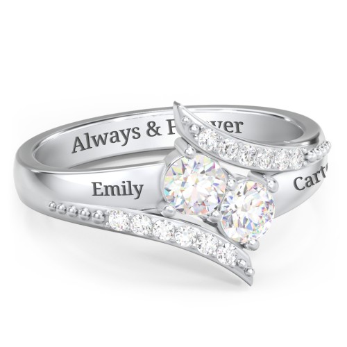 Flared Bypass Ring with Round Gemstones and Accents – Sterling Silver with White Sapphire and White Premium Zirconia