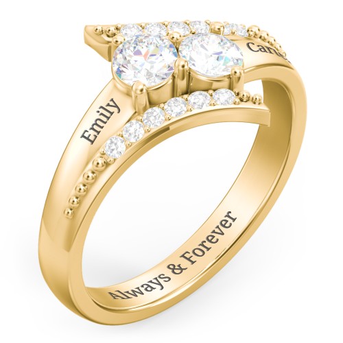 Flared Bypass Ring with Round Gemstones and Accents – 10K Yellow Gold with Diamond and White Premium Zirconia