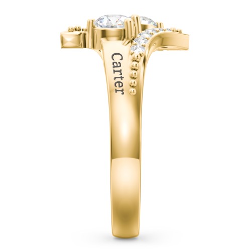 Flared Bypass Ring with Round Gemstones and Accents – 10K Yellow Gold with Diamond and White Premium Zirconia