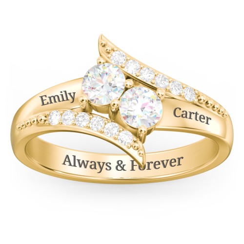 Flared Bypass Ring with Round Gemstones and Accents – 10K Yellow Gold with Diamond and White Premium Zirconia