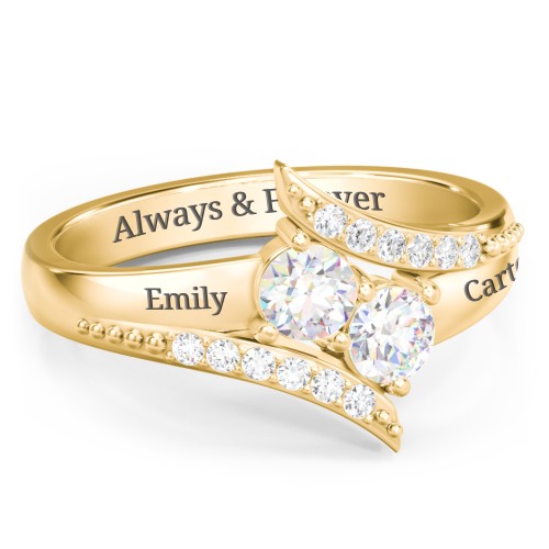 Flared Bypass Ring with Round Gemstones and Accents – 10K Yellow Gold with Diamond and White Premium Zirconia