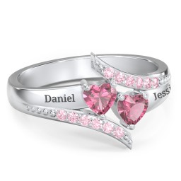 Flared Bypass Ring with Heart Gemstones and Accents