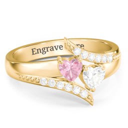 Flared Bypass Ring with Heart Gemstones and Accents in 14K Solid Yellow Gold with Pink Tourmaline, Cubic Zirconia, and White Premium Zirconia