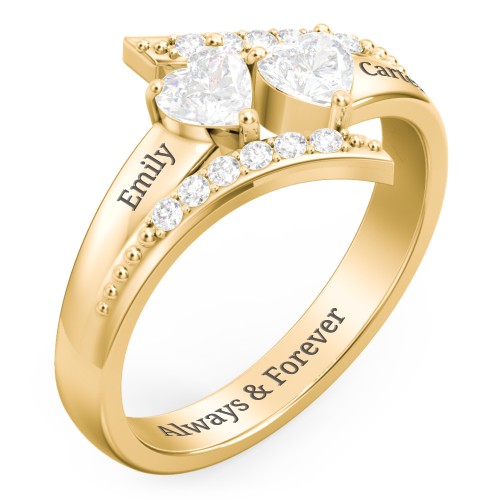 Flared Bypass Ring with Heart Gemstones and Accents – 10K Yellow Gold with Diamond and White Premium Zirconia