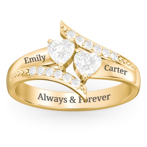 Flared Bypass Ring with Heart Gemstones and Accents – 10K Yellow Gold with Diamond and White Premium Zirconia