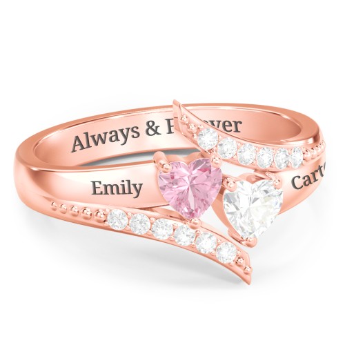 Flared Bypass Ring with Heart Gemstones and Accents – 10K Rose Gold with Pink Tourmaline, Cubic Zirconia, and White Premium Zirconia