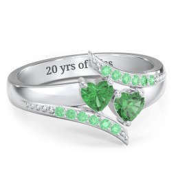 Flared Bypass Ring with Heart Gemstones and Accents in 925 Sterling Silver with Emerald and Green Premium Zirconia
