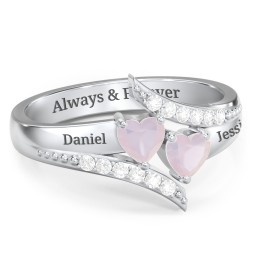 Flared Bypass Ring with Heart Gemstones and Accents in 925 Sterling Silver with Opal and White Premium Zirconia
