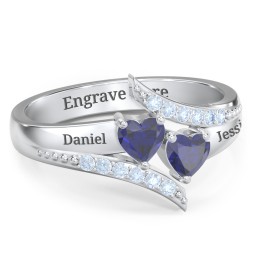 Flared Bypass Ring with Heart Gemstones and Accents in 925 Sterling Silver with Blue Sapphire and Fancy Blue Premium Zirconia