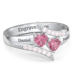 Flared Bypass Ring with Heart Gemstones and Accents in 925 Sterling Silver with Pink Tourmaline and Fancy Pink Premium Zirconia