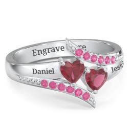 Flared Bypass Ring with Heart Gemstones and Accents in 925 Sterling Silver with Ruby and Red Premium Zirconia
