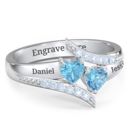 Flared Bypass Ring with Heart Gemstones and Accents in 925 Sterling Silver with Blue Topaz and Fancy Blue Premium Zirconia
