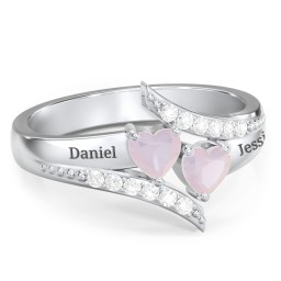 Flared Bypass Ring with Heart Gemstones and Accents in 925 Sterling Silver with Opal and White Premium Zirconia