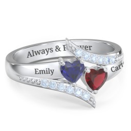 Flared Bypass Ring with Heart Gemstones and Accents in 925 Sterling Silver with Blue Sapphire, Garnet, and Fancy Blue Premium Zirconia