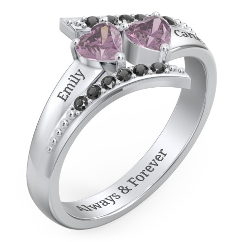 Flared Bypass Ring with Heart Gemstones and Accents – Sterling Silver with Alexandrite and Black Premium Zirconia