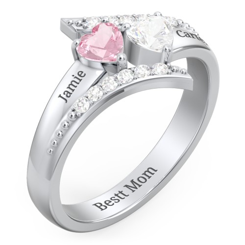Flared Bypass Ring with Heart Gemstones and Accents – Sterling Silver with Pink Tourmaline, Cubic Zirconia, and White Premium Zirconia