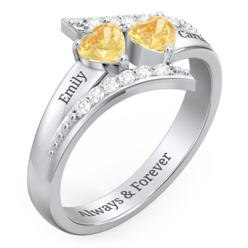 Flared Bypass Ring with Heart Gemstones and Accents – Sterling Silver with Citrine and White Premium Zirconia