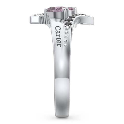 Flared Bypass Ring with Heart Gemstones and Accents – Sterling Silver with Alexandrite and Black Premium Zirconia