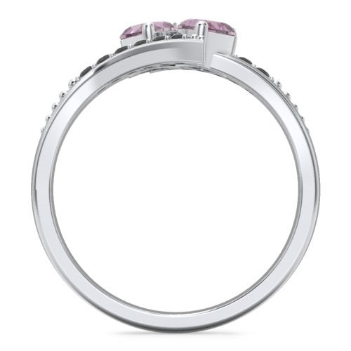 Flared Bypass Ring with Heart Gemstones and Accents – Sterling Silver with Alexandrite and Black Premium Zirconia