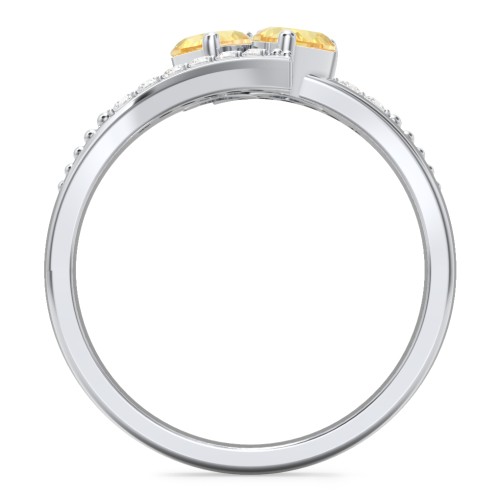 Flared Bypass Ring with Heart Gemstones and Accents – Sterling Silver with Citrine and White Premium Zirconia