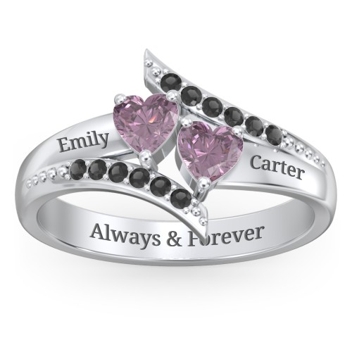 Flared Bypass Ring with Heart Gemstones and Accents – Sterling Silver with Alexandrite and Black Premium Zirconia