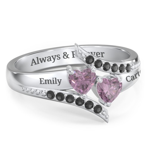 Flared Bypass Ring with Heart Gemstones and Accents – Sterling Silver with Alexandrite and Black Premium Zirconia