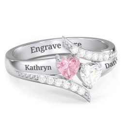 Flared Bypass Ring with Heart Gemstones and Accents in 10K Solid White Gold with Pink Tourmaline, Cubic Zirconia, and White Premium Zirconia