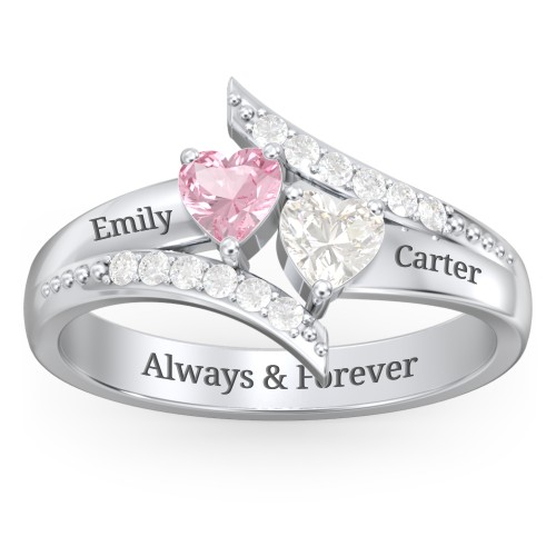 Flared Bypass Ring with Heart Gemstones and Accents – 10K White Gold with Pink Tourmaline, Cubic Zirconia, and White Premium Zirconia