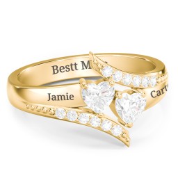 Flared Bypass Ring with Heart Gemstones and Accents in 10K Solid Yellow Gold with Diamond