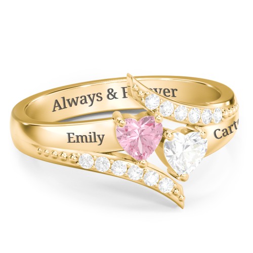 Flared Bypass Ring with Heart Gemstones and Accents – 10K Yellow Gold with Pink Tourmaline, Cubic Zirconia, and White Premium Zirconia