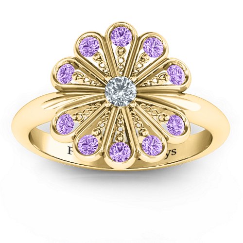 Pretty As A Peacock Ring – 10K Yellow Gold with Cubic Zirconia and Amethyst