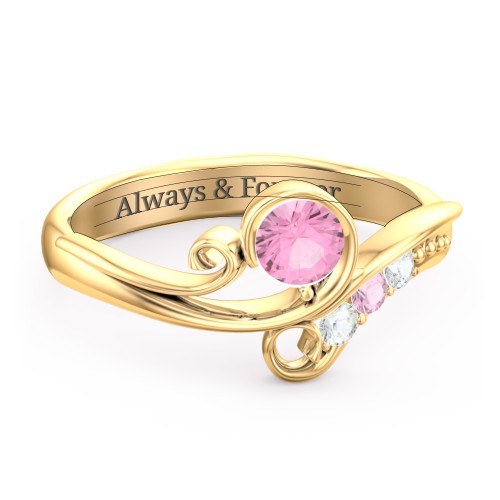 Family Flair Ring With 2-6 Birthstones – 14K Yellow Gold with Pink Tourmaline and Cubic Zirconia
