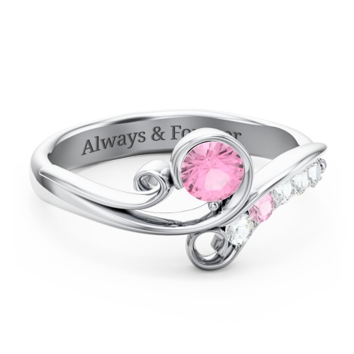 Family Flair Ring With 2-6 Birthstones – Sterling Silver with Pink Tourmaline and Cubic Zirconia
