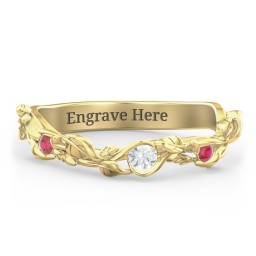 Leaf Band Ring with Gemstones in 14K Solid Yellow Gold with Cubic Zirconia and Garnet