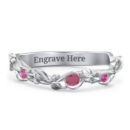 Leaf Band Ring with Gemstones in 925 Sterling Silver with Ruby