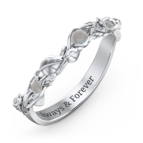 Leaf Band Ring with Gemstones – Sterling Silver with Opal