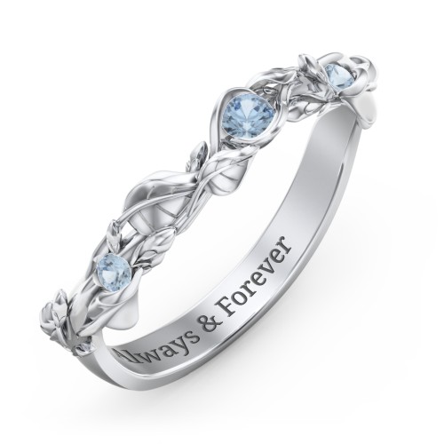 Leaf Band Ring with Gemstones – Sterling Silver with Blue Topaz