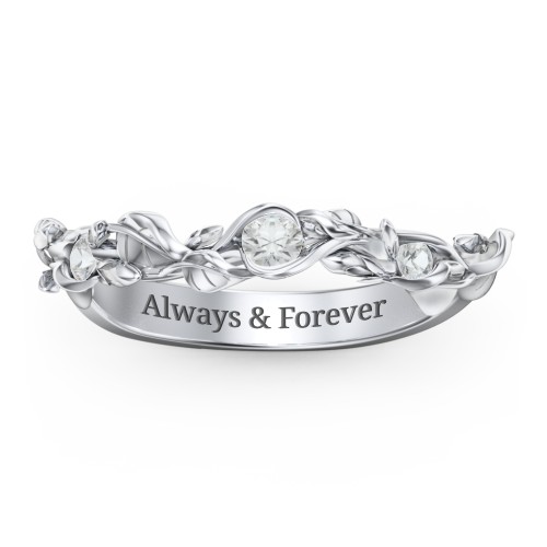 Leaf Band Ring with Gemstones – Sterling Silver with Cubic Zirconia